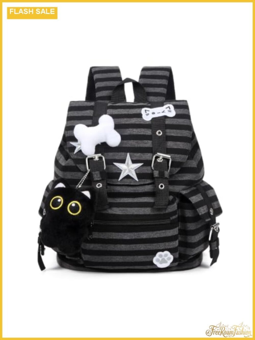 Y2K Striped Backpack with Cat Charm, Cute Preppy Laptop Daypack for College &